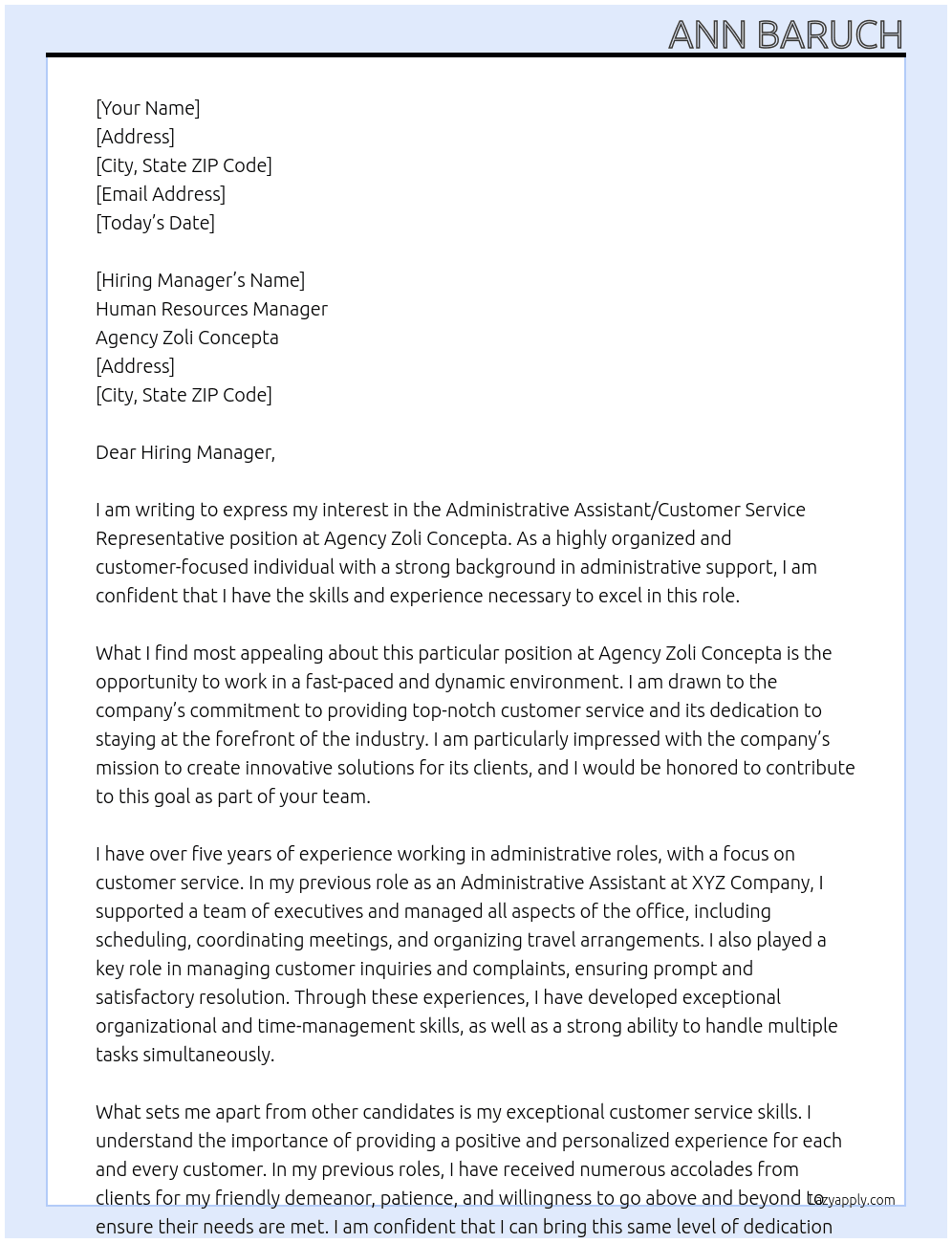 Administrative Assistant/Customer Service Representative At Agency Zoli Concepta Cover Letter