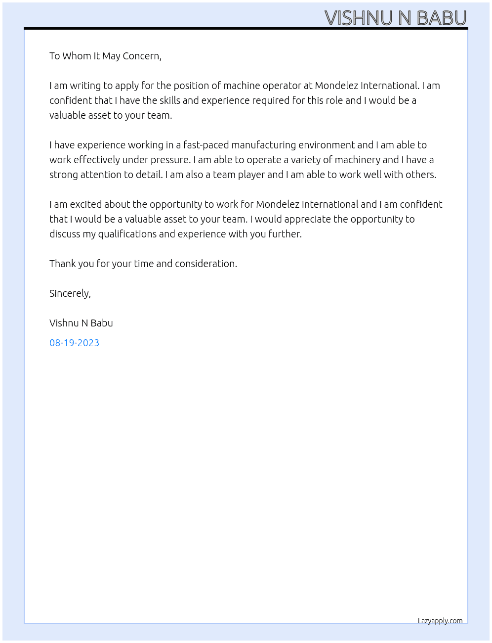 machine operator At mondelez international  Cover Letter
