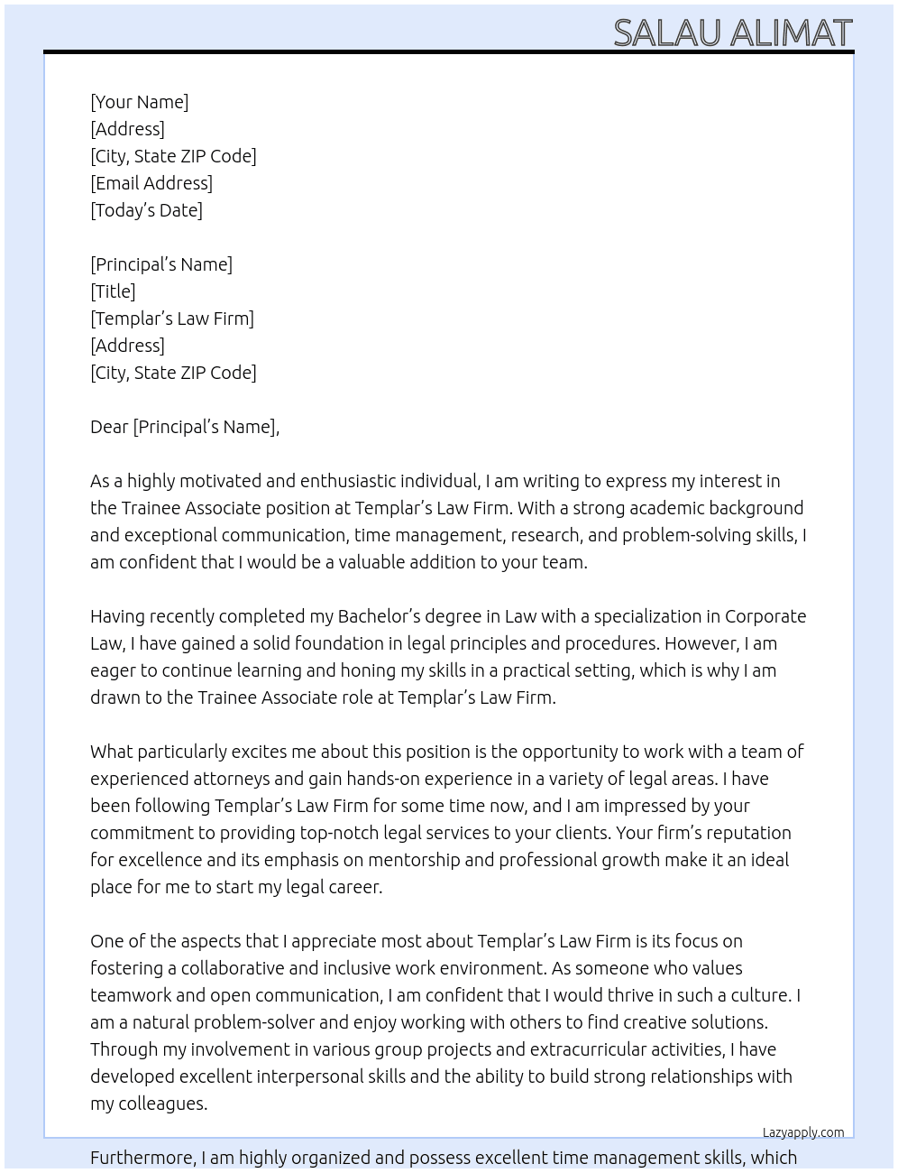Trainee associate  At Templar’s law firm  Cover Letter