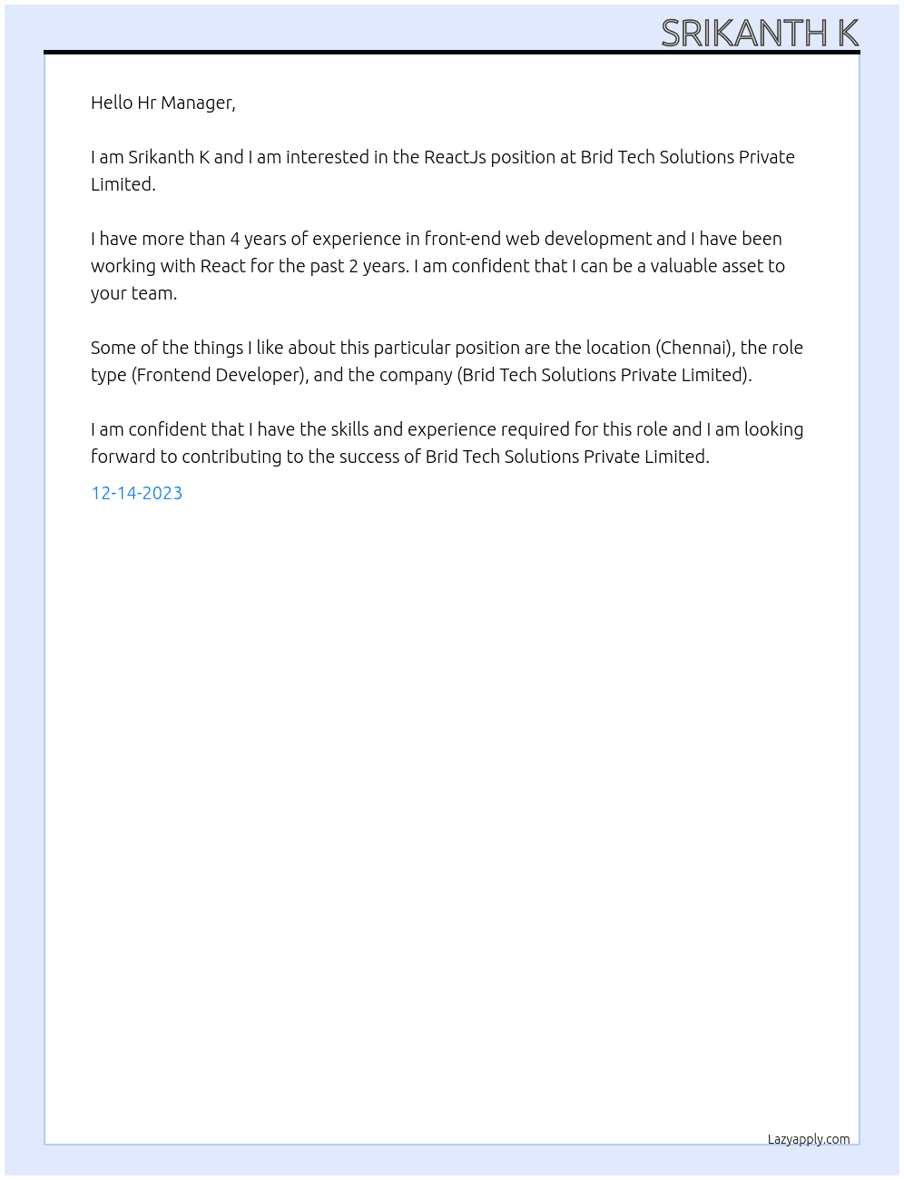 ReactJs  At Brid Tech Solutions Private Limited  Cover Letter