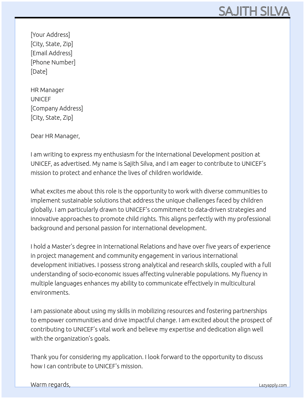 International development At UNICEF Cover Letter