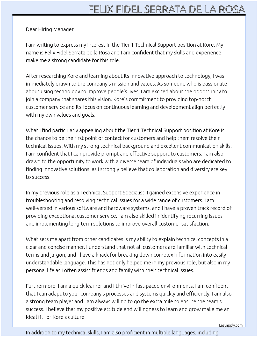 Tier 1, Technical Support At Kore Cover Letter