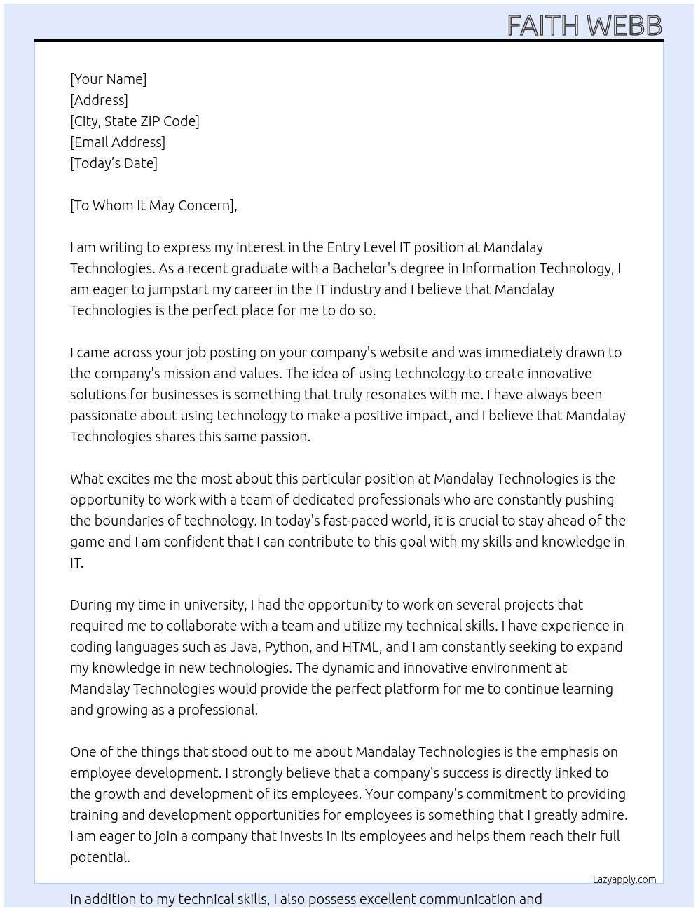 Entry level IT At Mandalay Technologies Cover Letter