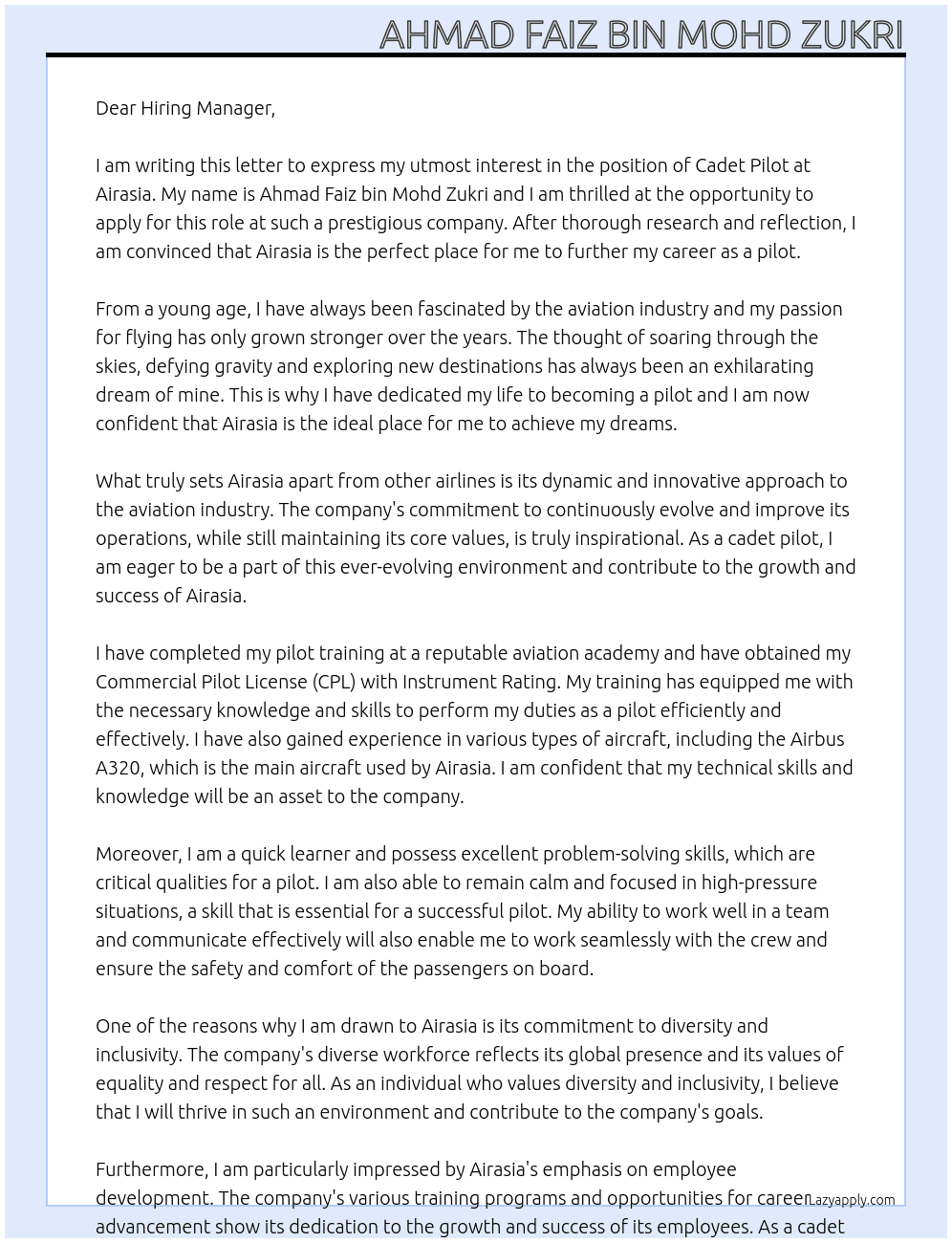 cadet pilot At Airasia Cover Letter