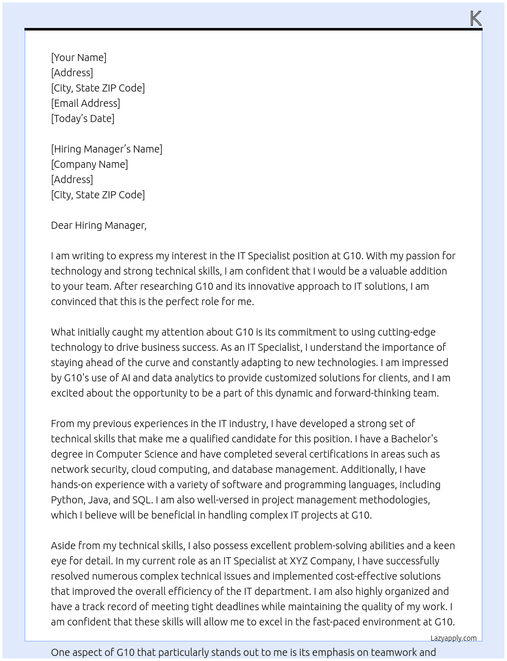 IT Specialist At G10 Cover Letter