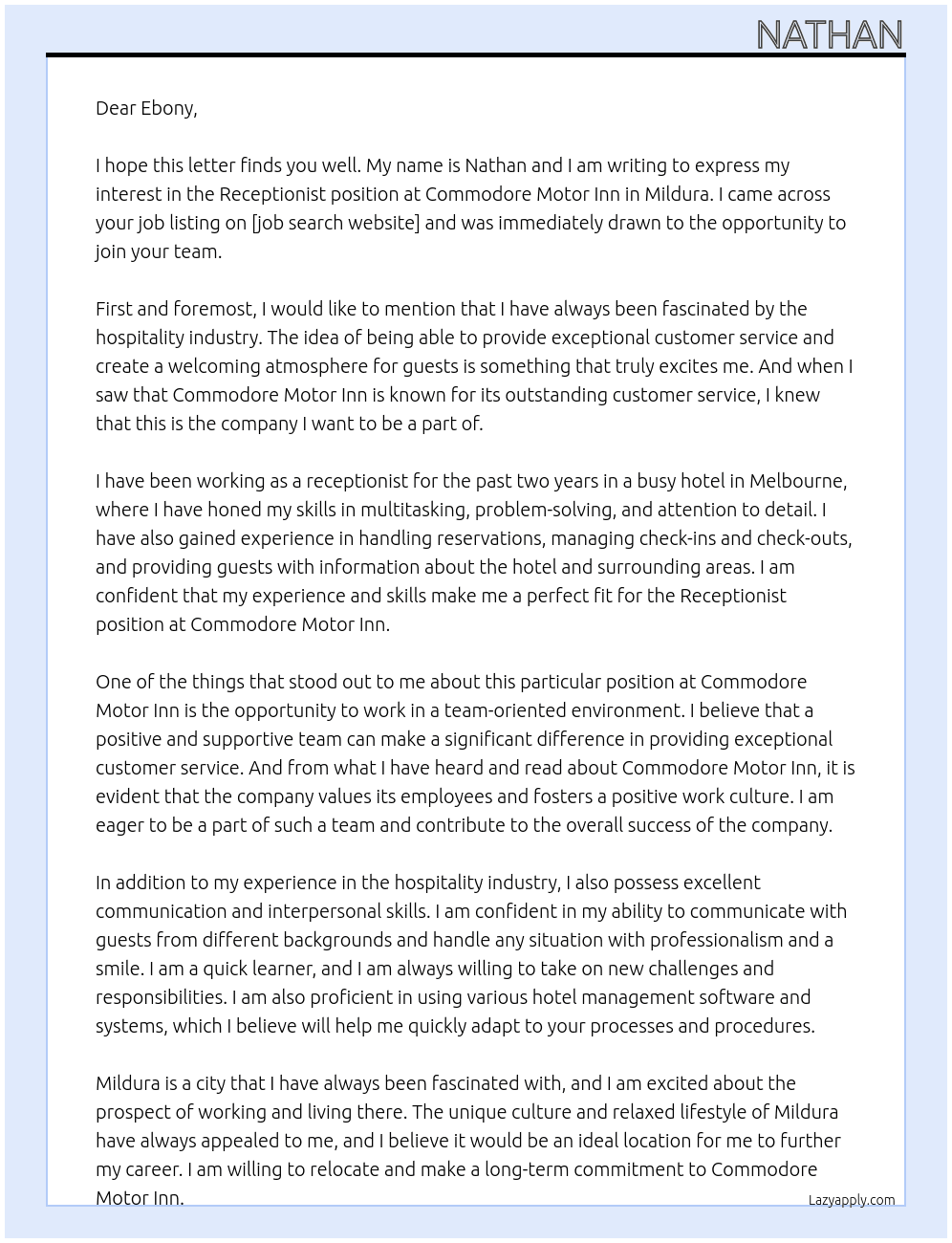 Receptionist At Commodore Motor Inn Cover Letter