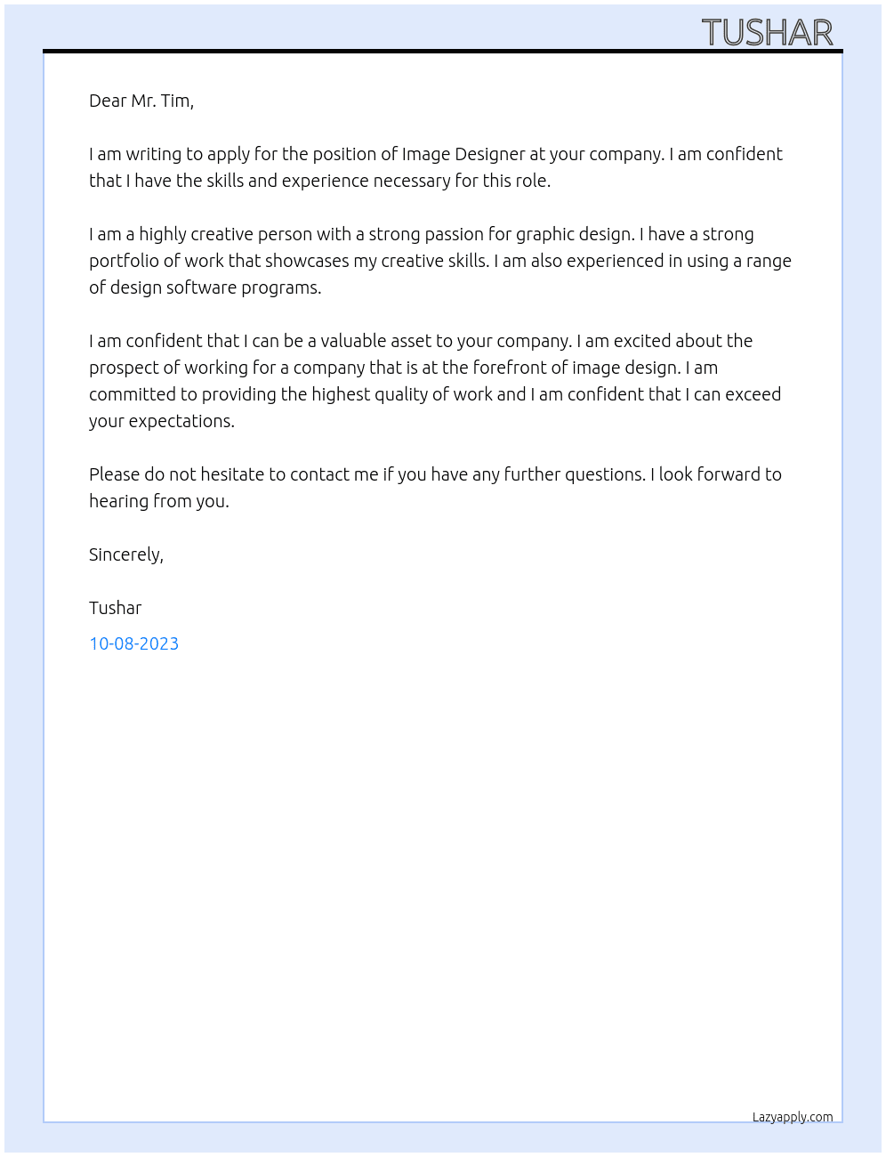 Image design  At Mr.Tim  Cover Letter