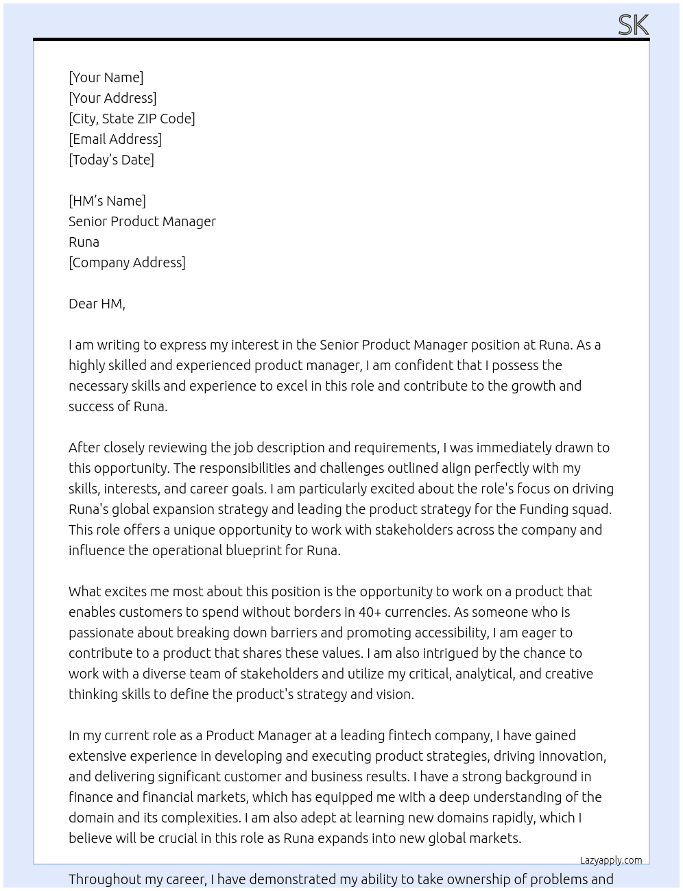 Senior Product Manager At Runa Cover Letter