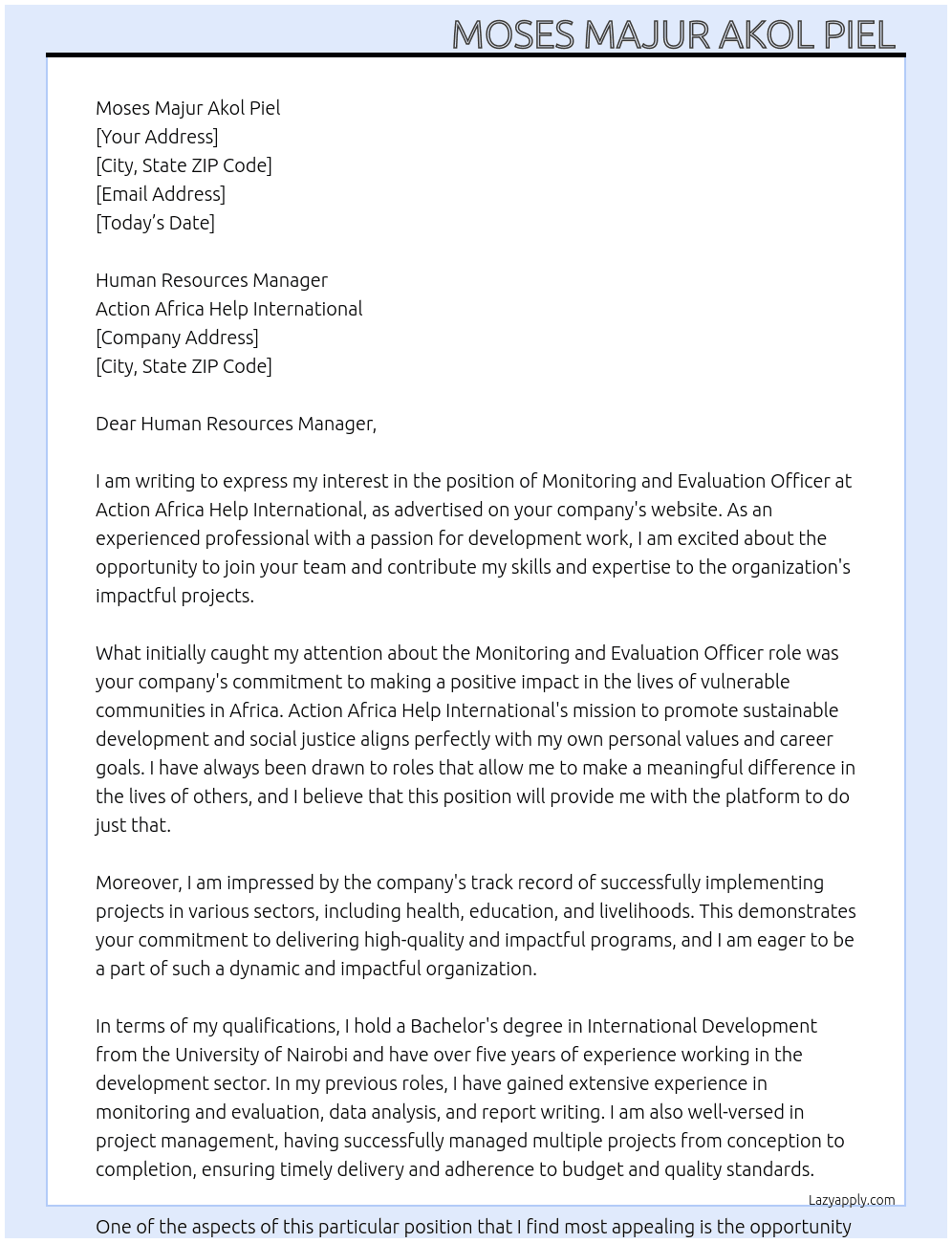 Morning and Evaluation Officer  At Action Africa Help International  Cover Letter