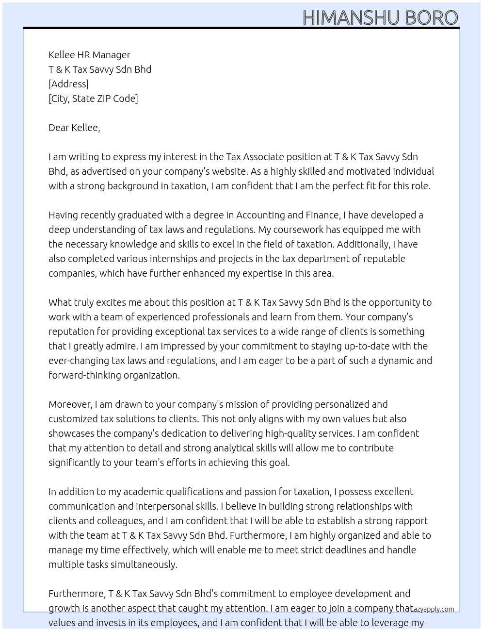 Tax Associate At T & K Tax Savvy Sdn Bhd Cover Letter