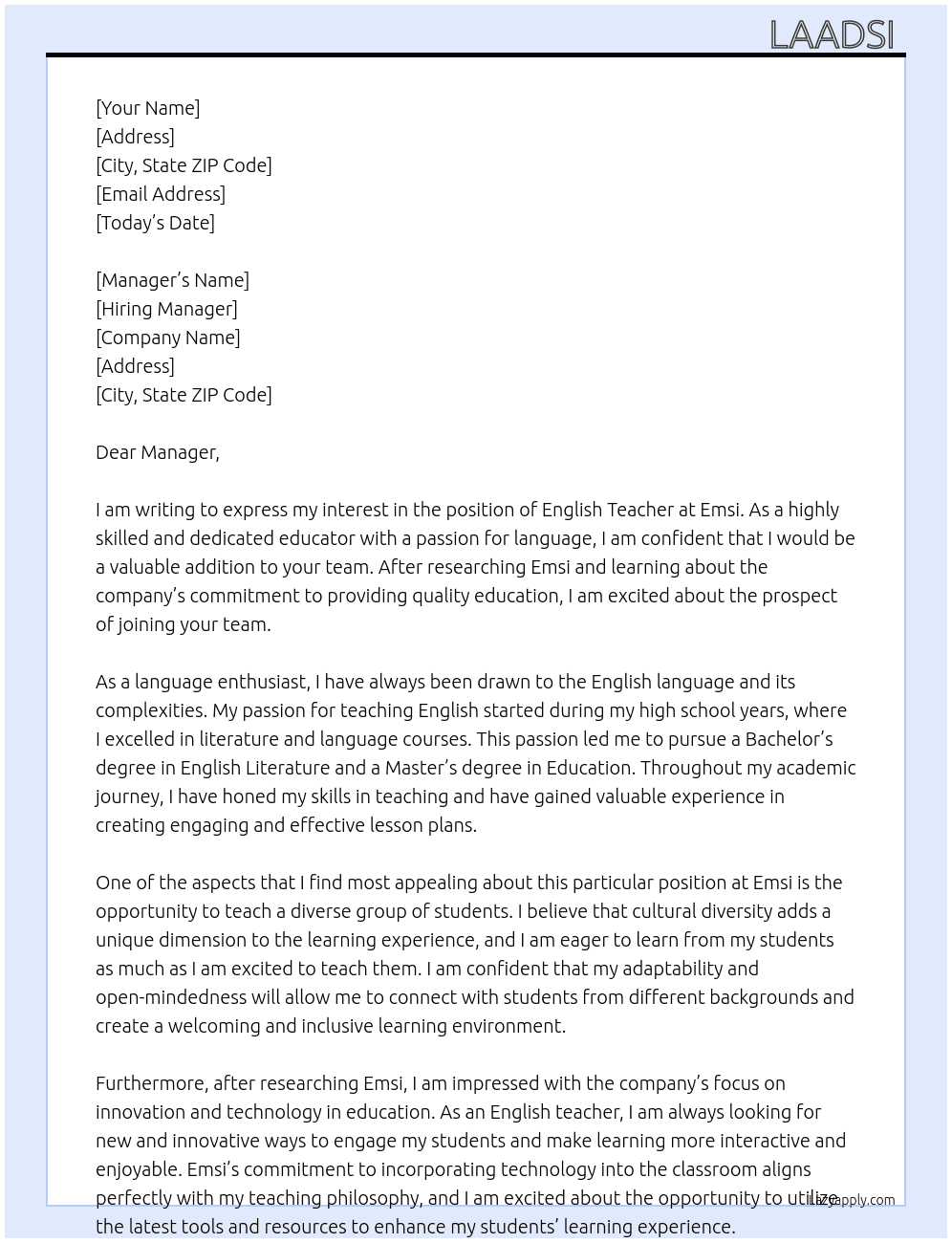 English teacher  At Emsi  Cover Letter
