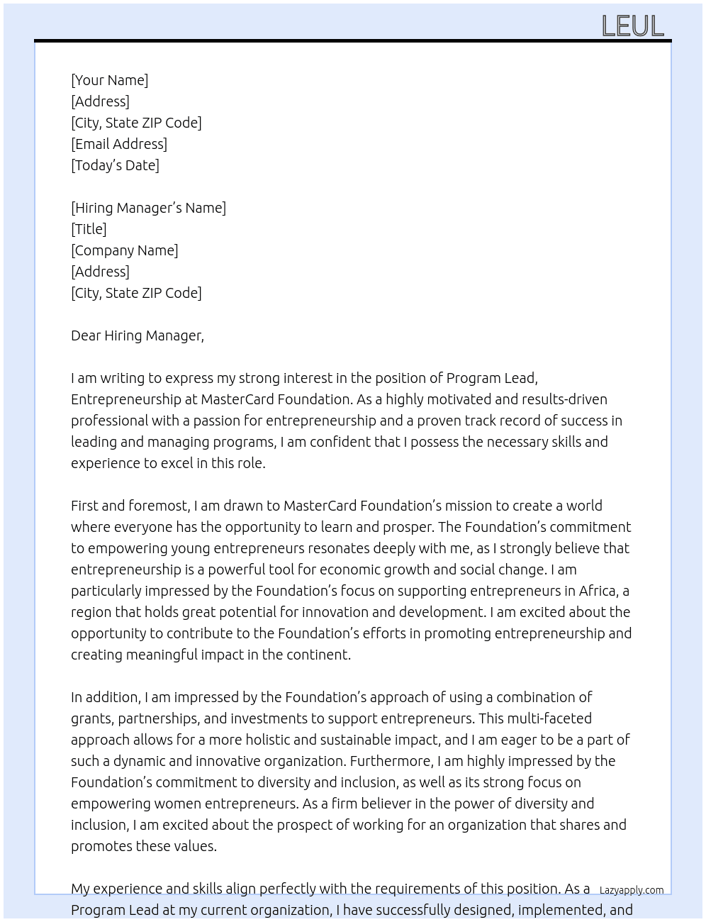 Program Lead, Entrepreneurship At MasterCard Foundation Cover Letter