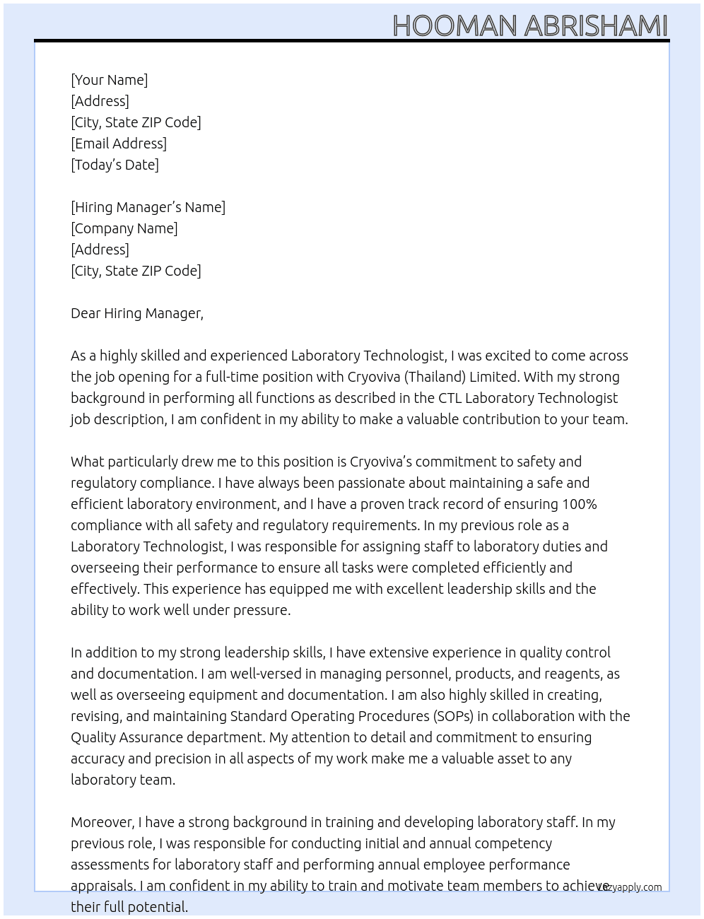 Laboratory technologist  At Cryoviva (Thailand) Limited Cover Letter