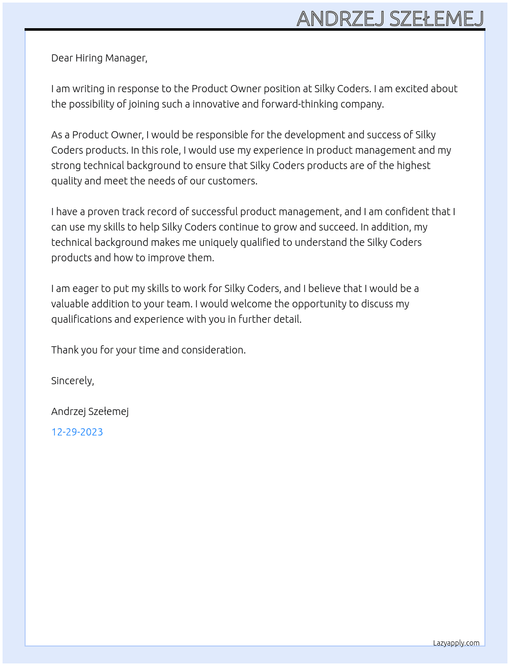 Product Owner At Silky Coders Cover Letter