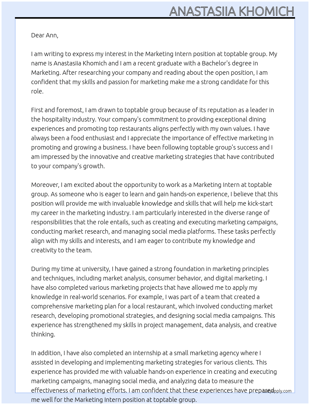 Marketing Intern At toptable group Cover Letter