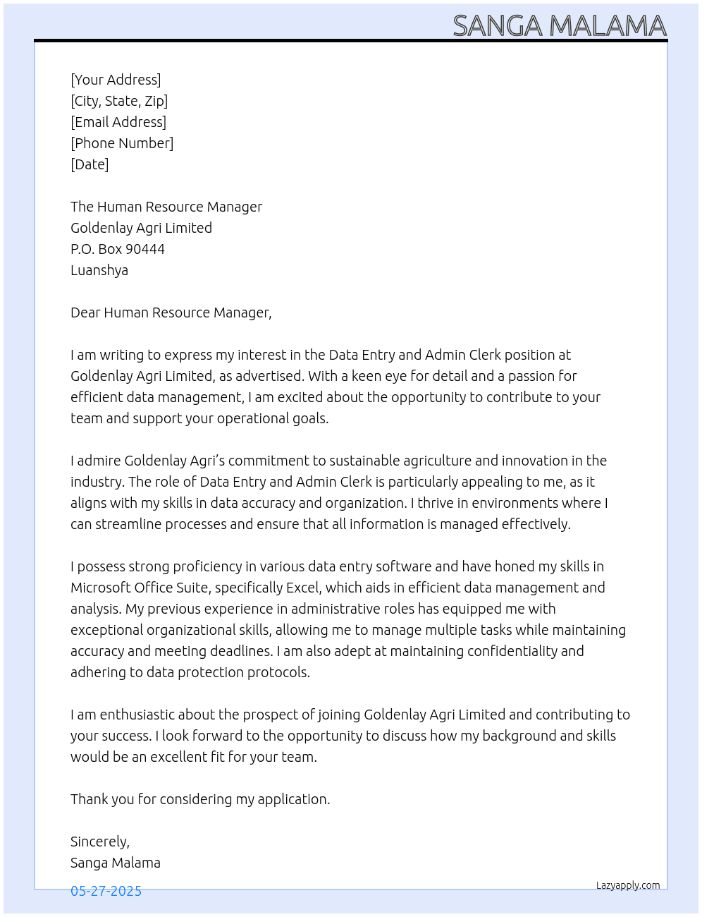Data Entry and Admin Clerk At Goldenlay Agri. Ltd Cover Letter