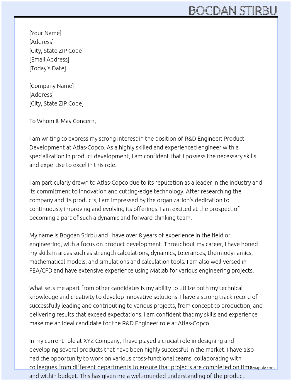 R&D engineer: product development At Atlas-Copco Cover Letter