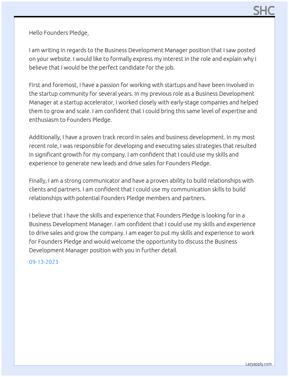 Business Development Manager At Founders Pledge Cover Letter