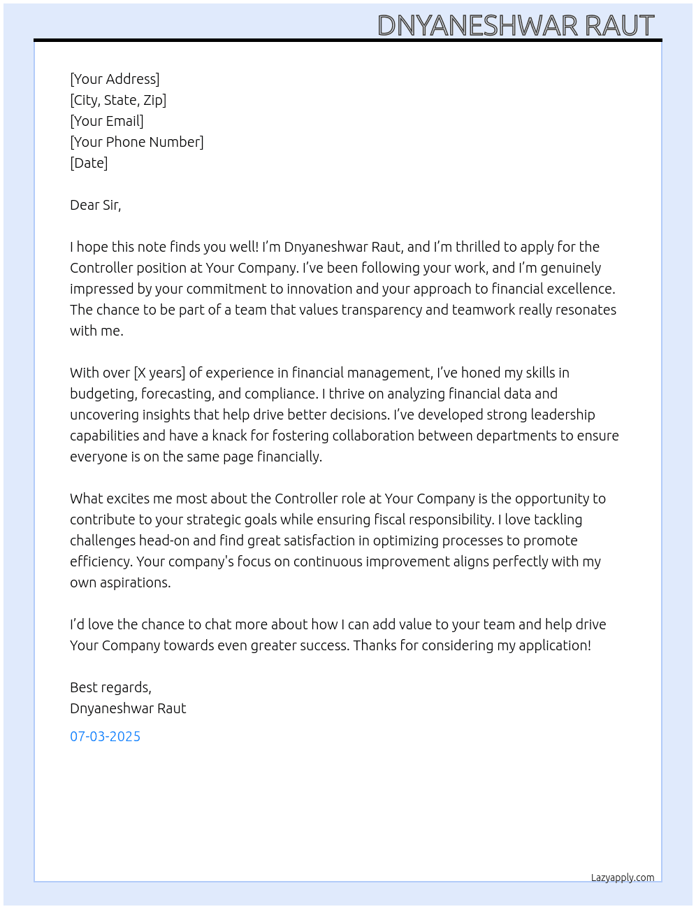  controller  At Your company  Cover Letter