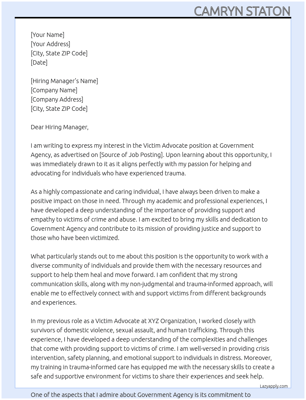 Victim advocate At Government Agency Cover Letter