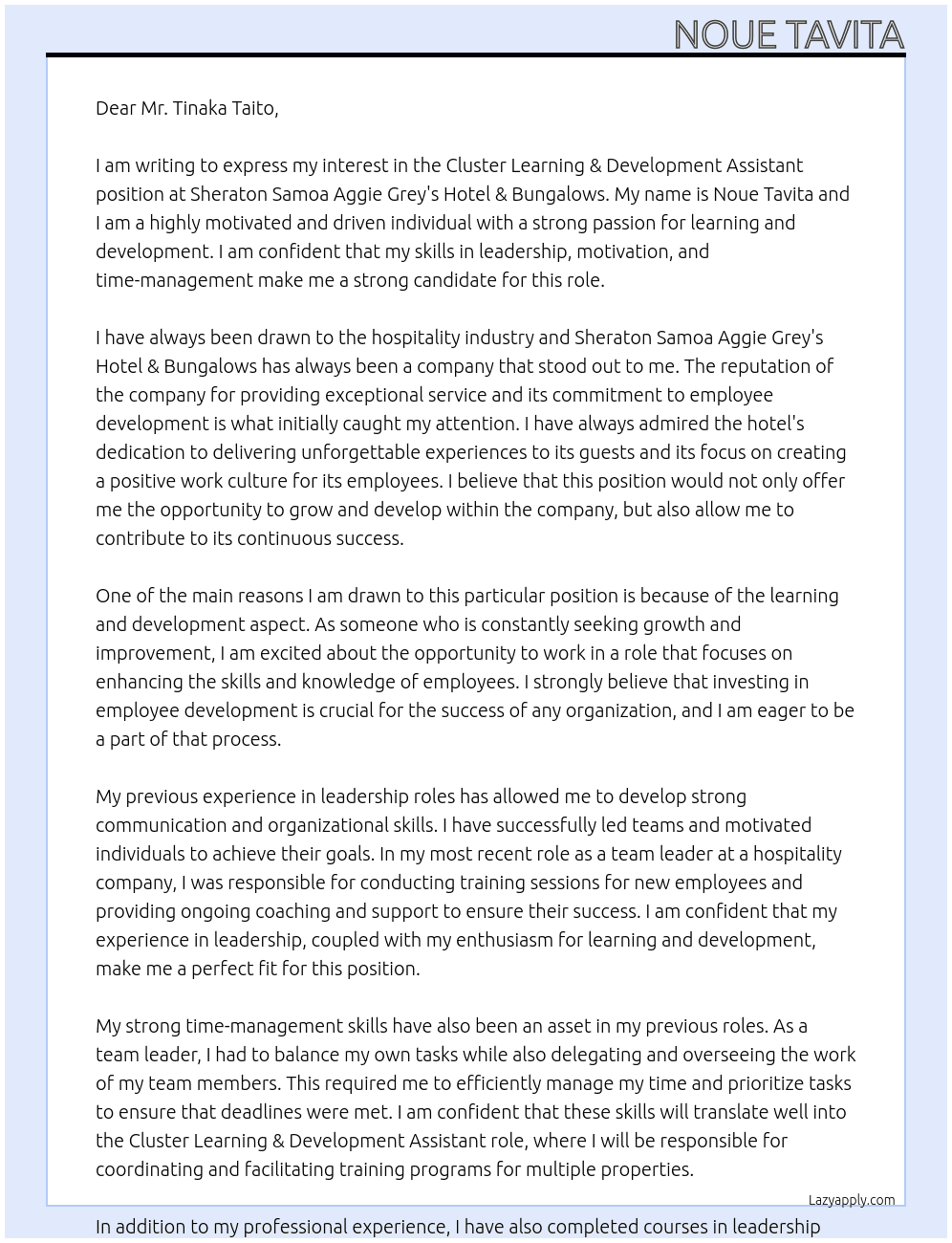 Cluster Learning & Development Assistant At Sheraton Samoa Aggie Grey's Hotel & Bungalows Cover Letter