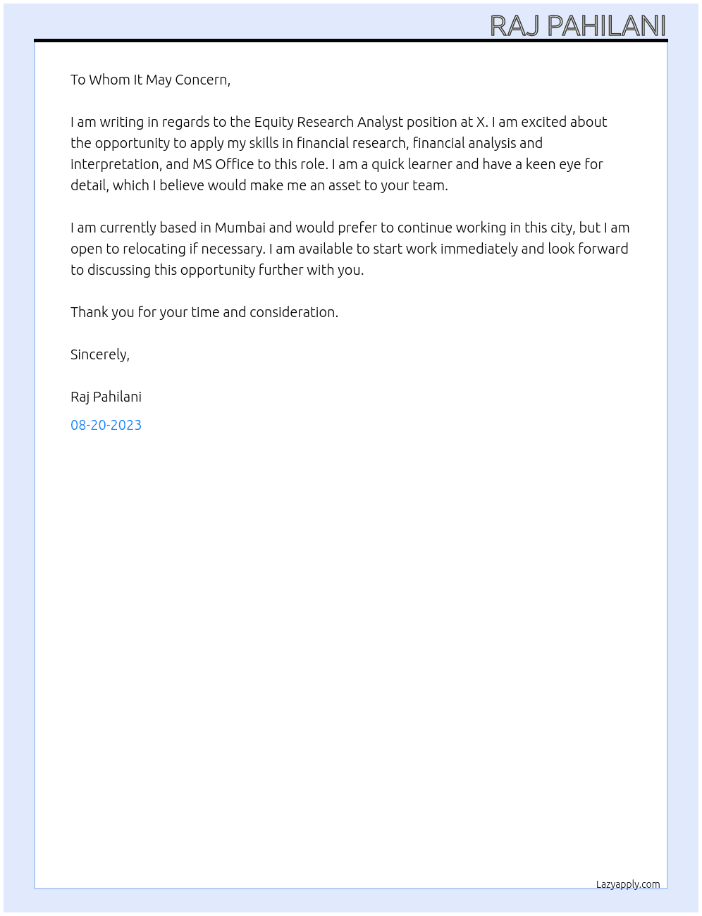 Equity Research Analyst At X Cover Letter