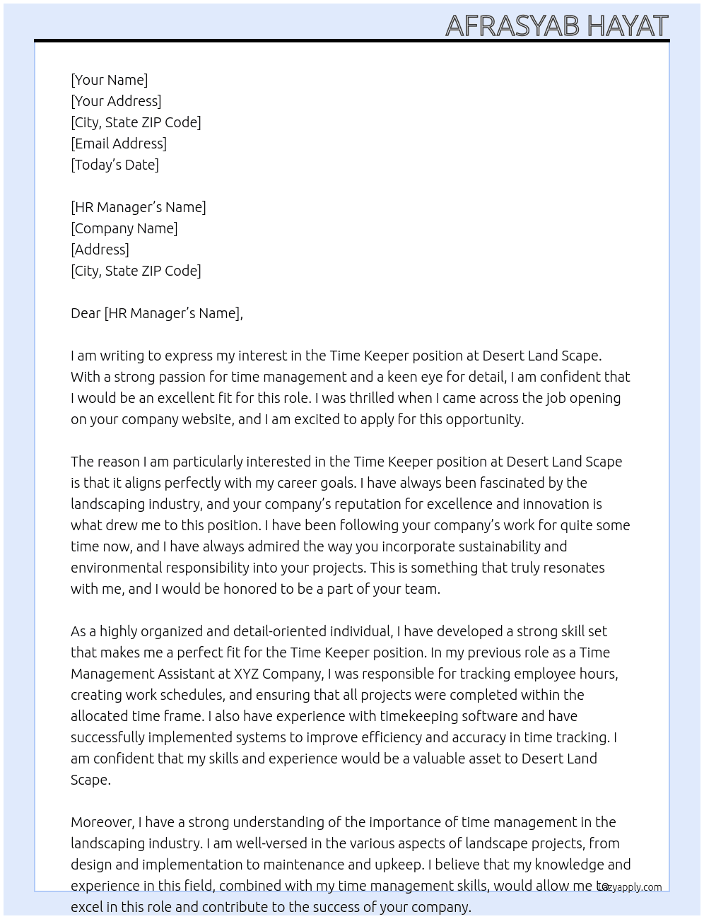 Time Keeper  At Desert Land Scape  Cover Letter