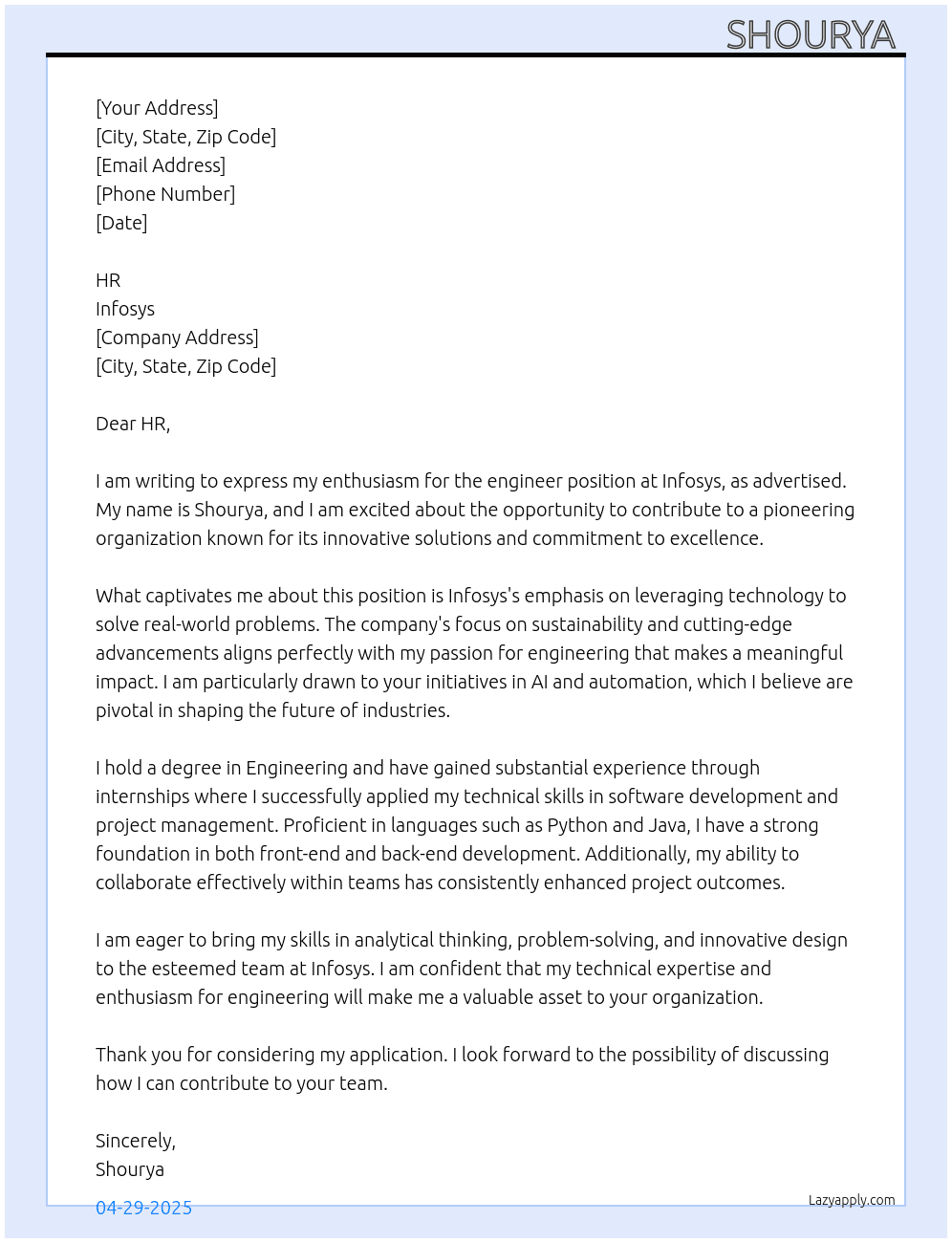 Cover letter for job application for the post of an engineer - LazyApply