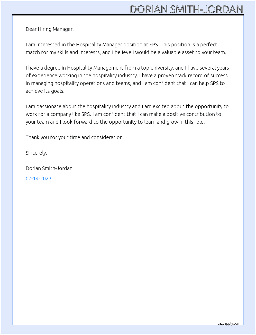 Hospitality Manager At SPS Cover Letter