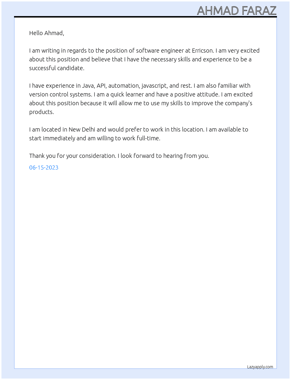Software Engineer At Erricson Cover Letter