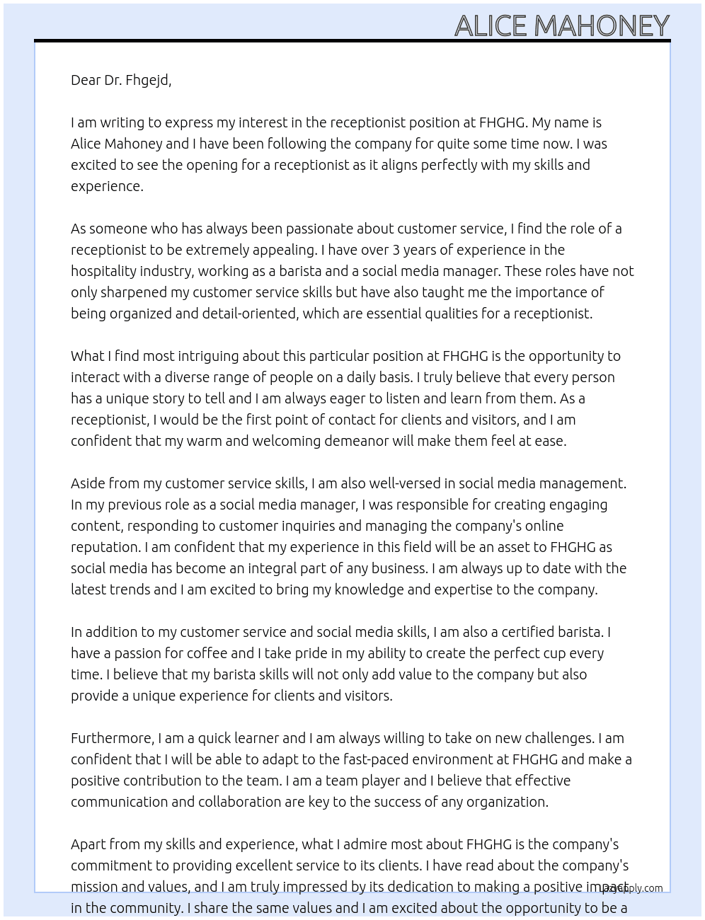 reseptionist At fhghg Cover Letter