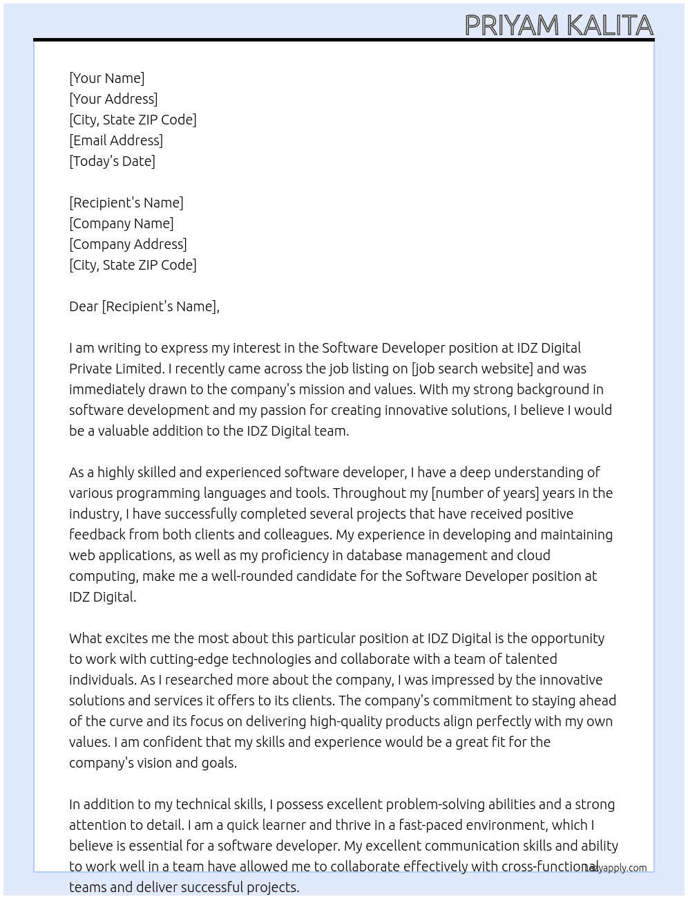 Software Developer At  IDZ Digital Private Limited Cover Letter