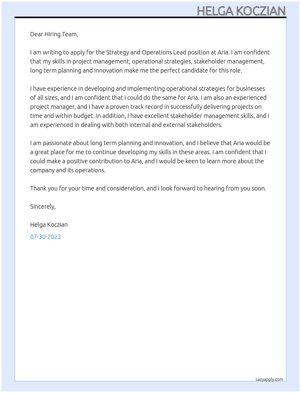 Strategy and Operations Lead At Aria Cover Letter