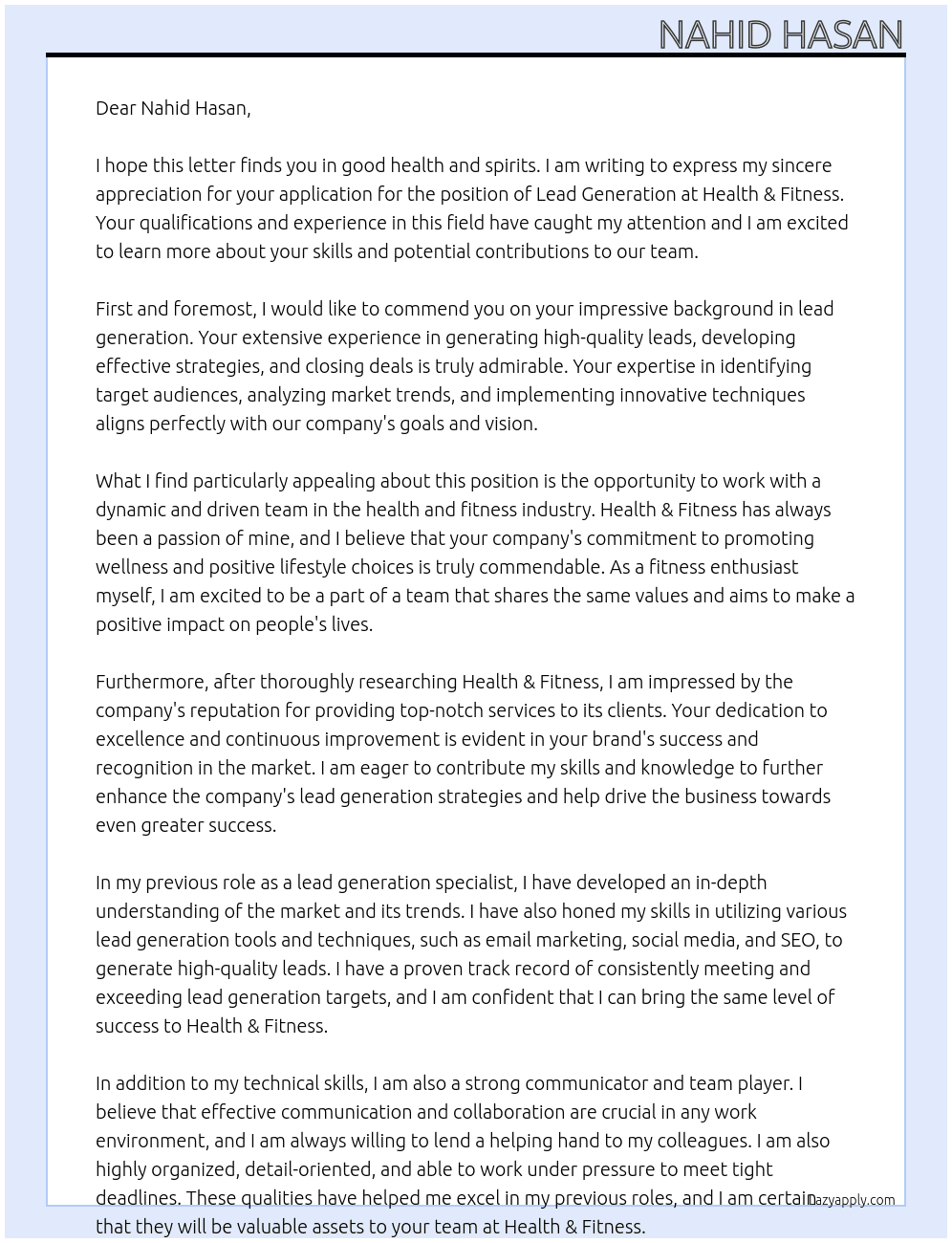Lead Generation At Health & Fitness Cover Letter