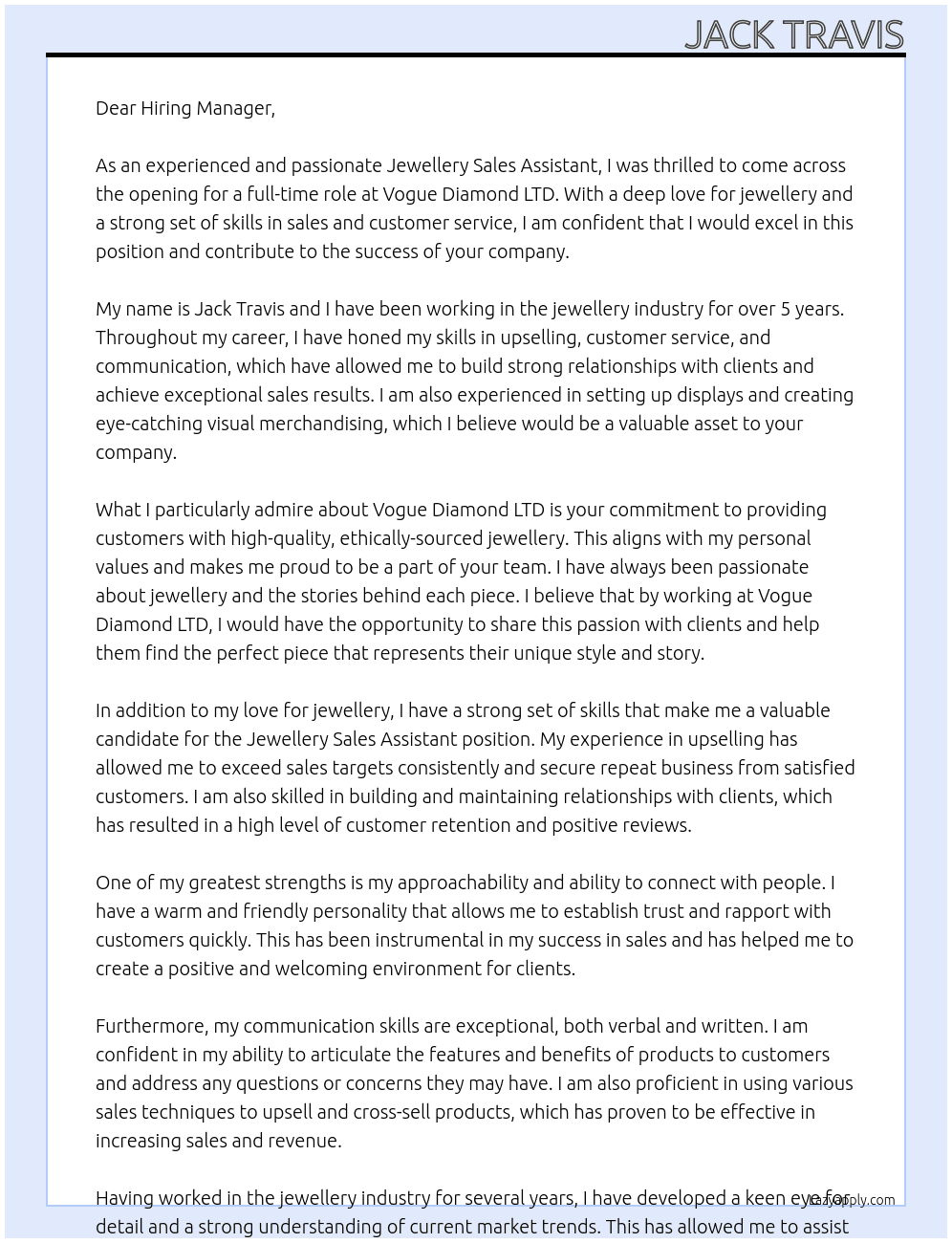 Jewellery Sales Assistant  At Vogue Diamond LTD Cover Letter