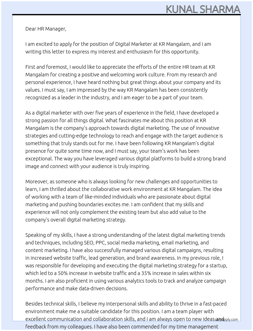 Digital Marketer At KR Mangalam Cover Letter