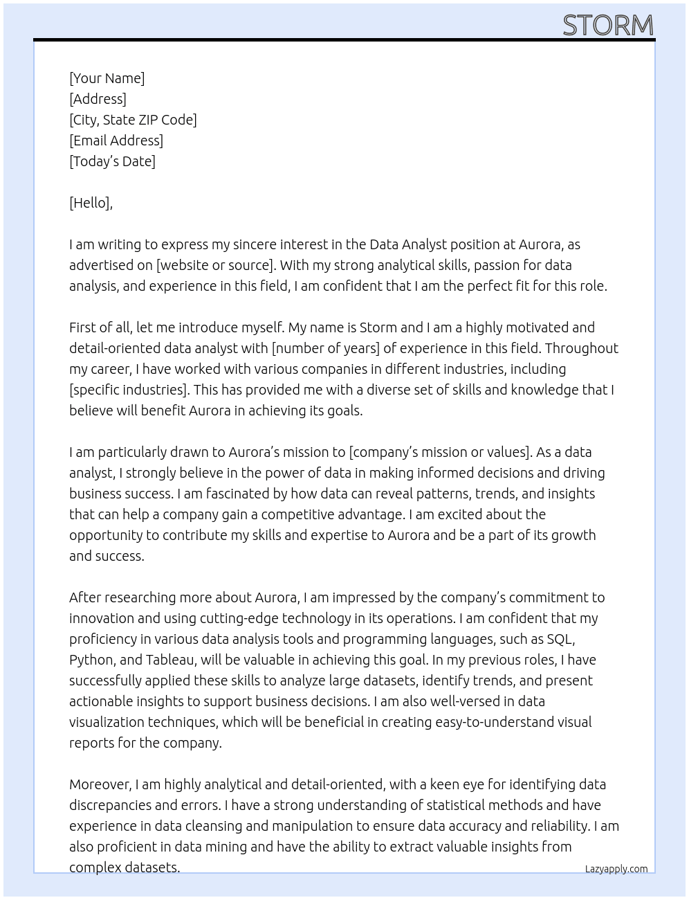 data analyst At Aurora Cover Letter