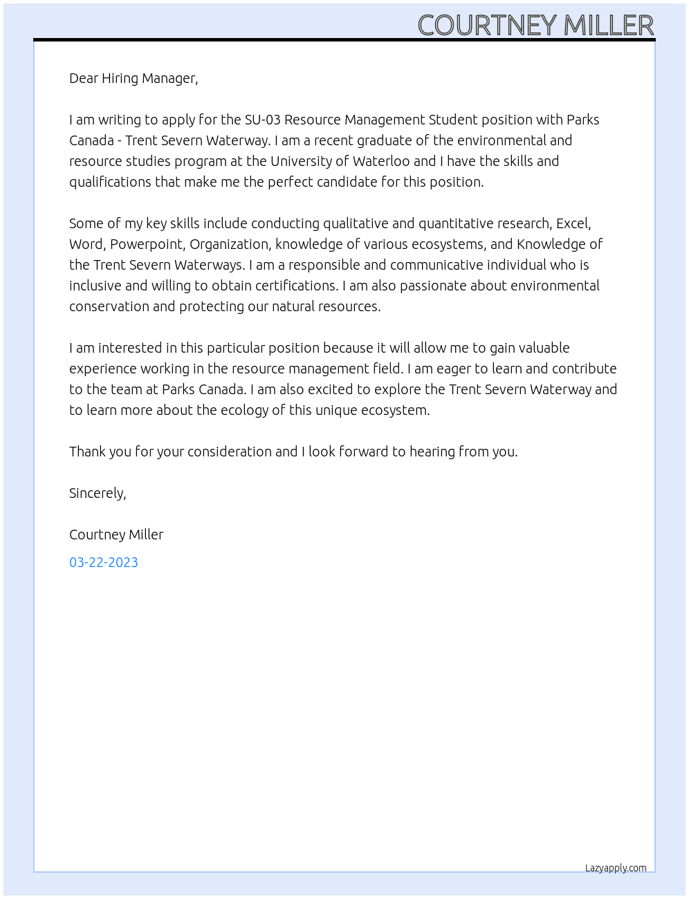  SU-03 Resource Management Student At Parks Canada - Trent Severn Waterway Cover Letter