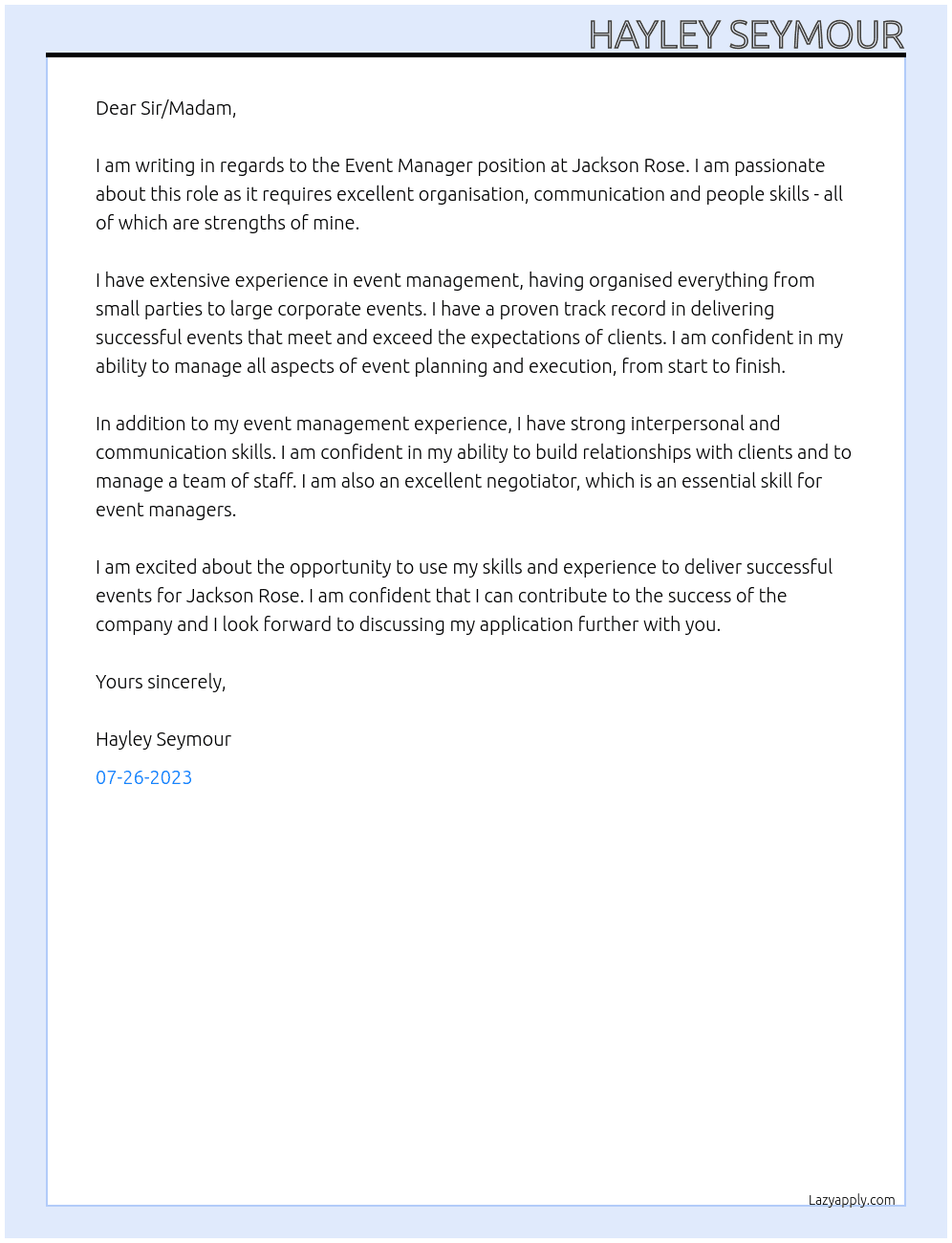 Event Manager At Jackson Rose Cover Letter
