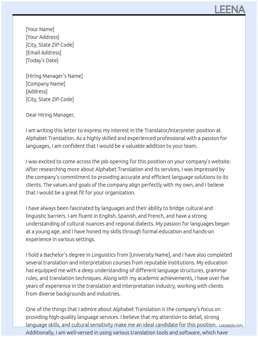 Translator/interpreter At Alphabet translation  Cover Letter