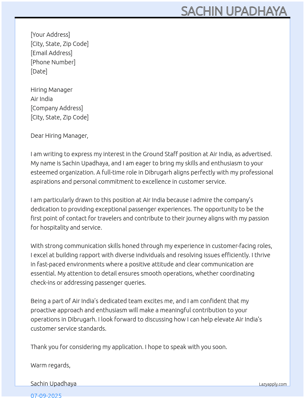 Cover letter for air india ground staf - LazyApply