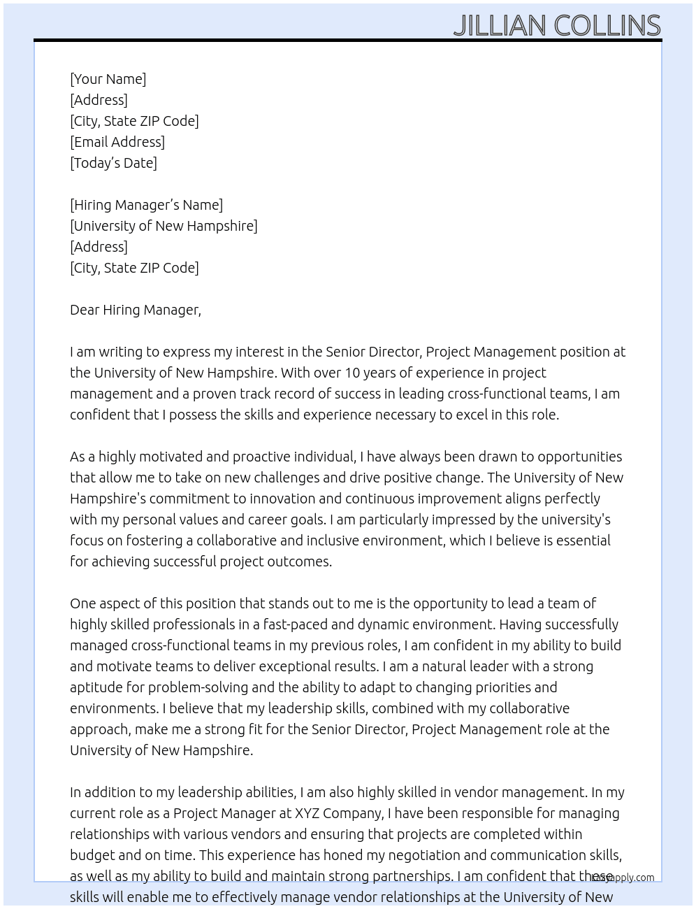 Senior Director, Project Management At University of New Hampshire Cover Letter