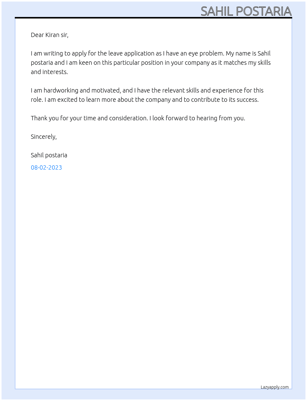 Leave application because i have eye problem At Kiran sir Cover Letter