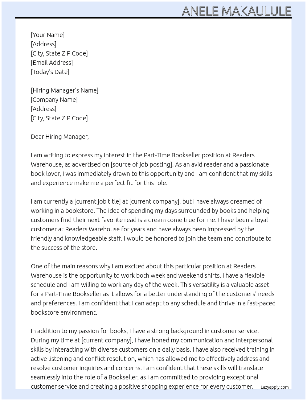 Part-Time Bookseller Wanted for Week and Weekend Shifts At Readers Warehouse Cover Letter