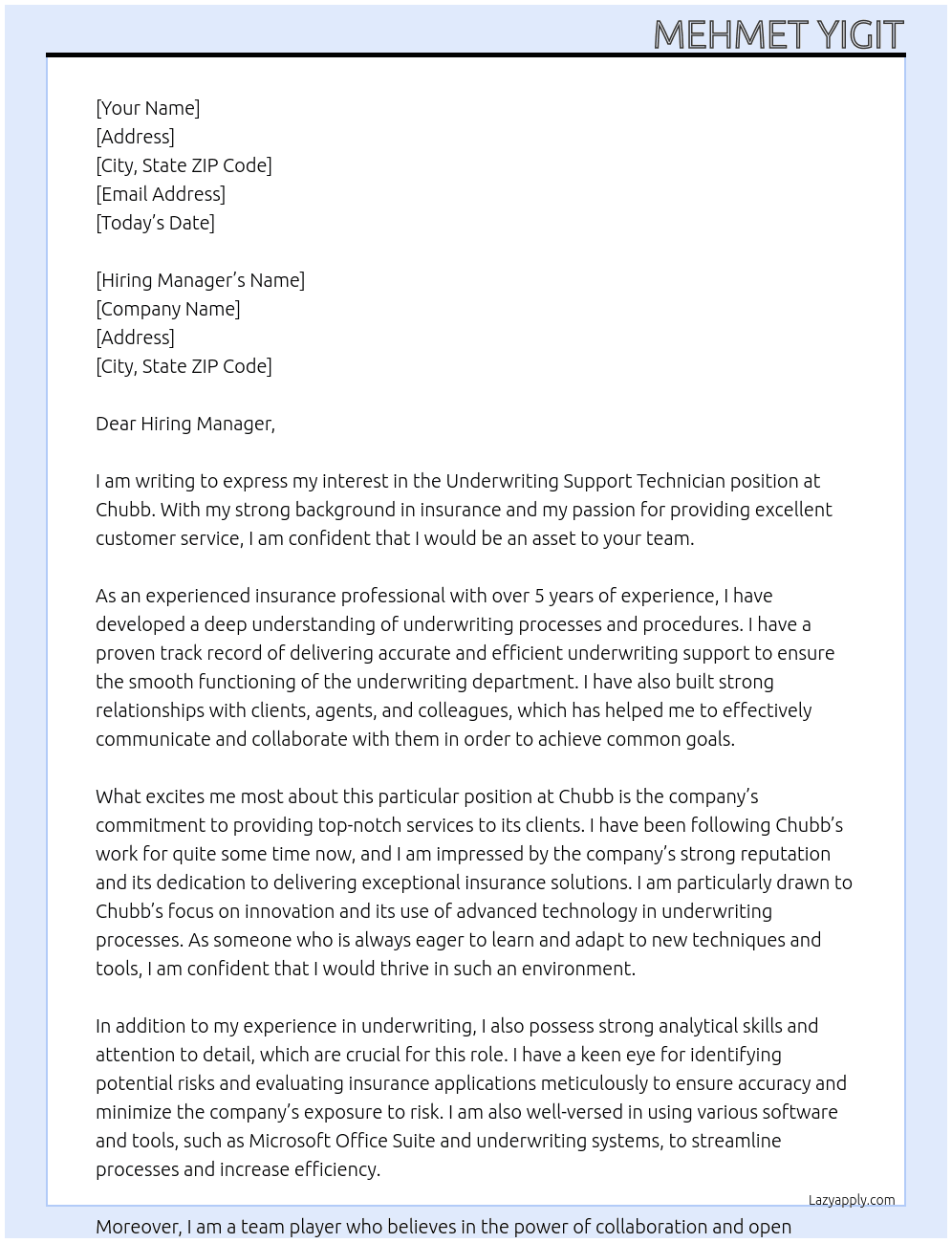 Cover letter for underwriting support technician - LazyApply