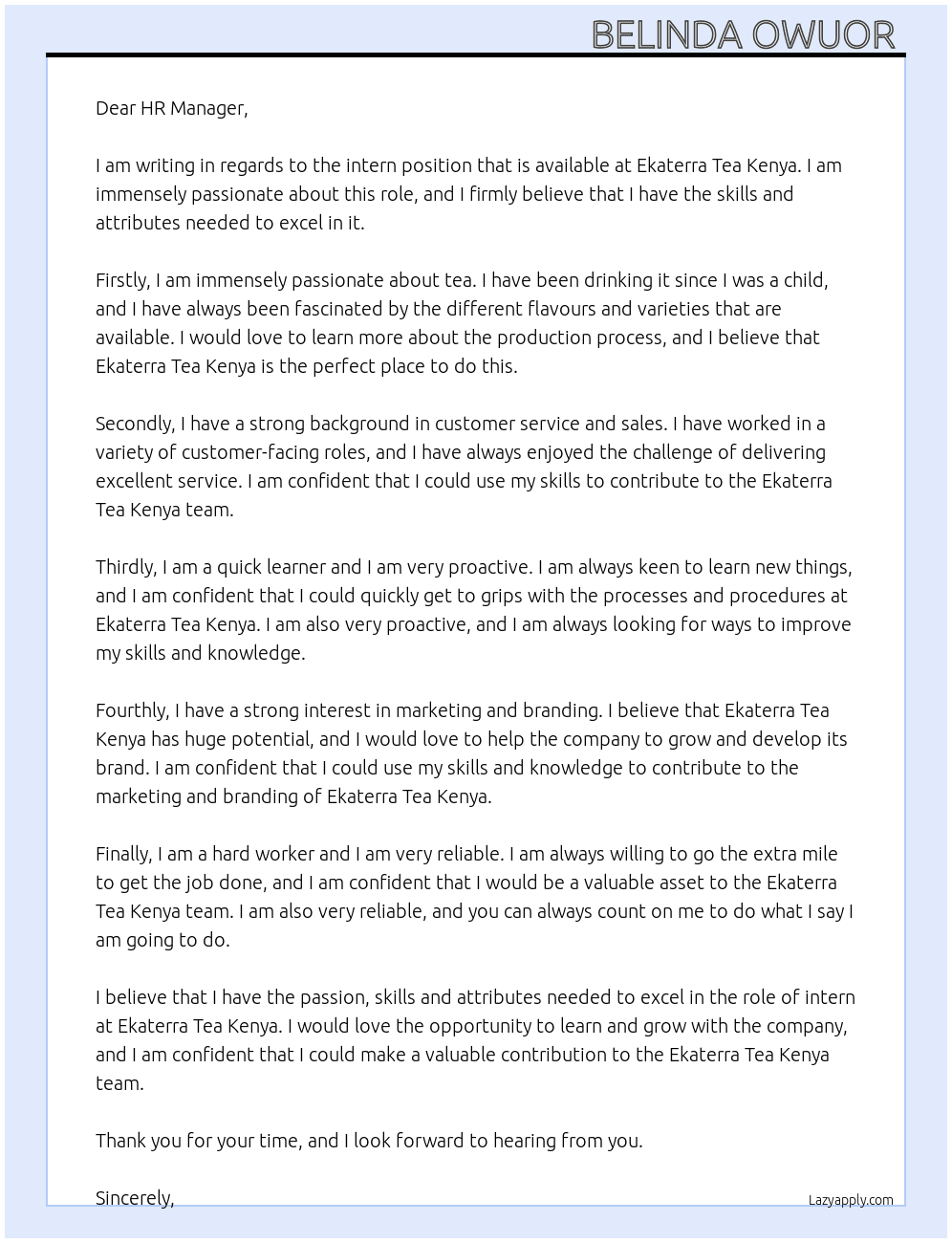 intern At Ekaterra Tea Kenya  Cover Letter