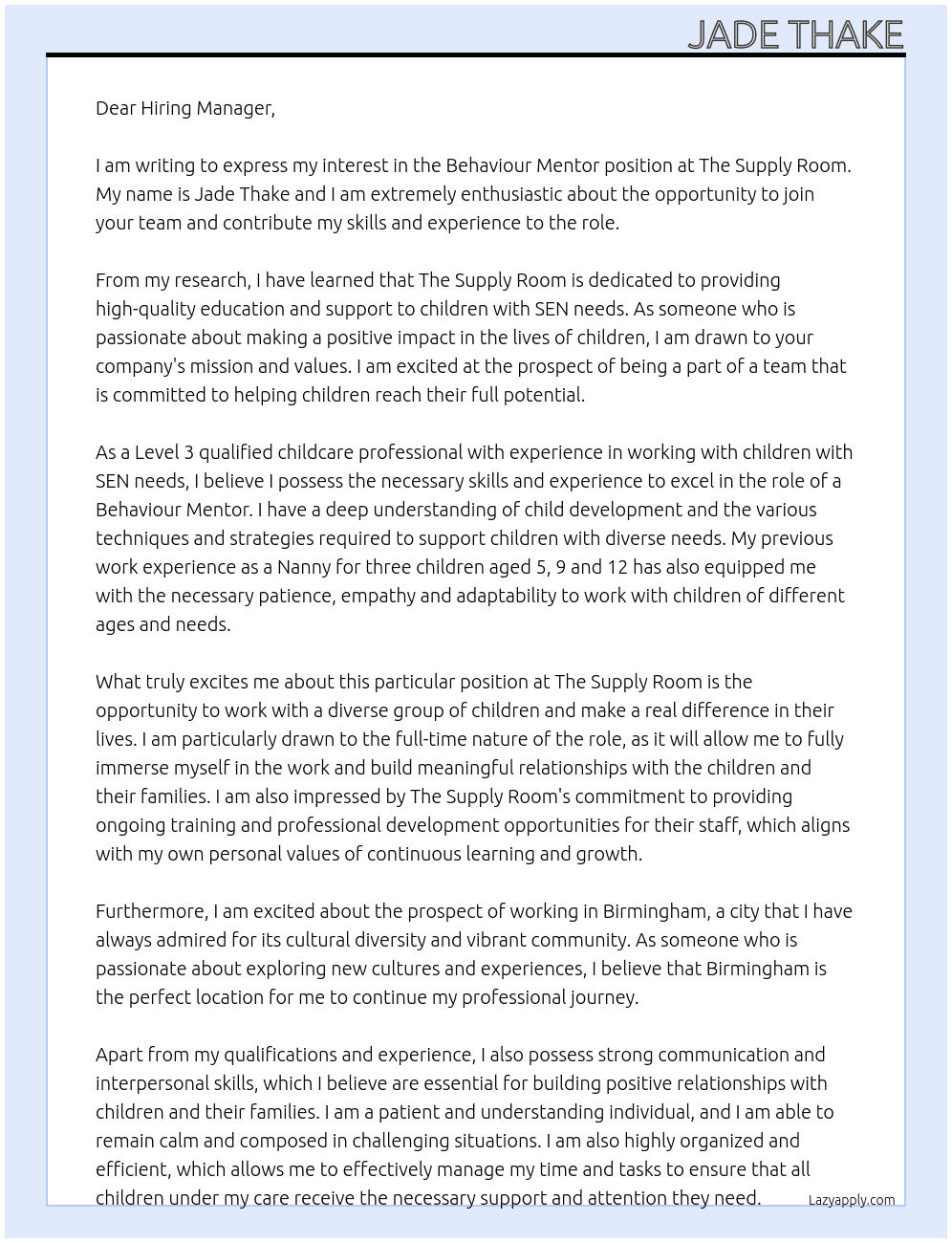 Behaviour Mentor At The Supply Room Cover Letter