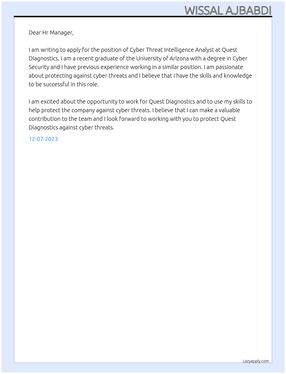 Cyber Threat Intelligence Analyst At Quest Diagnostics Cover Letter