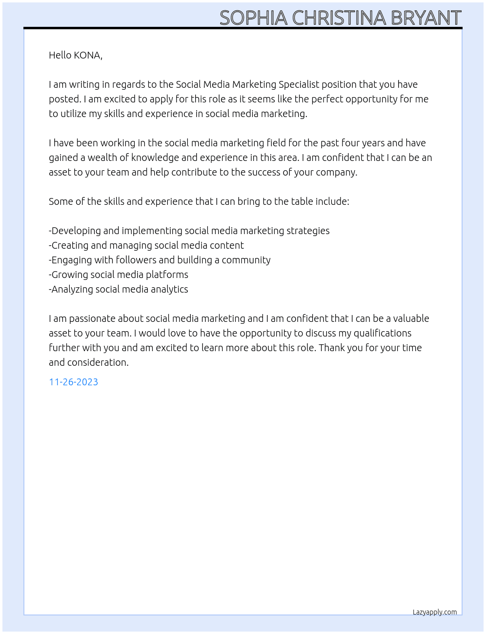 Social Media Marketing Specialist At KONA Cover Letter