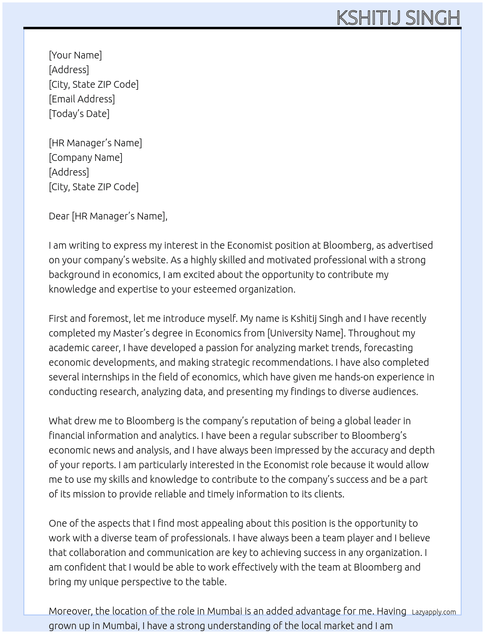 Economist At Bloomberg Cover Letter